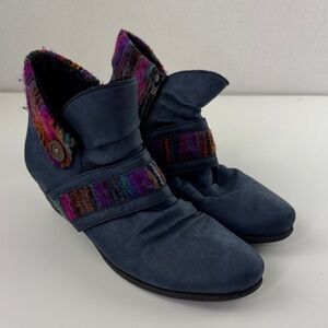 Rieker Women's Comfort Blue Leather Booties with Colourful Knit Accents